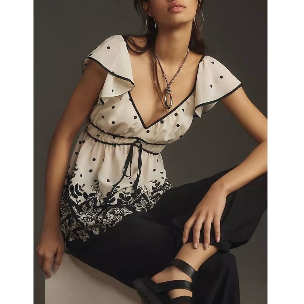 Anthropologie Short-Sleeve Tie-Back Shirred Blouse Size XL NWT